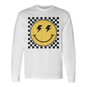 Retro Happy Face Checkered Pattern Smile Face Trendy Smiling Long Sleeve T-Shirt T-Shirt | Mazezy