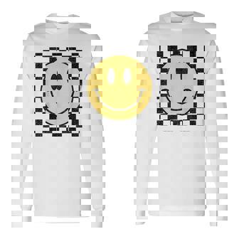 Retro Happy Face Distressed Checkered Pattern Smile Face Long Sleeve T-Shirt | Mazezy