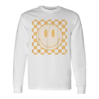 Retro Happy Face Yellow Vintage Checkered Pattern Smile Face Long Sleeve T-Shirt | Mazezy