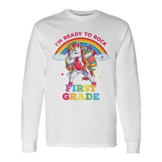Rock First Grade Dabbing Unicorn Back To School Girls Unicorn Long Sleeve T-Shirt T-Shirt | Mazezy