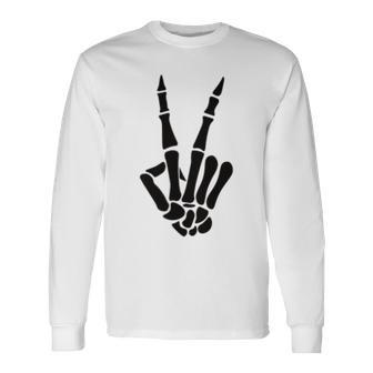 Skeleton Hand Peace Sign Bones Pocket Halloween Skeleton Halloween Long Sleeve T-Shirt | Mazezy