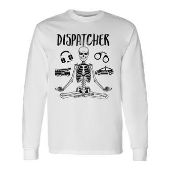 Spooky Dispatcher 911 Halloween Police Skeleton Meditating Long Sleeve T-Shirt | Mazezy CA
