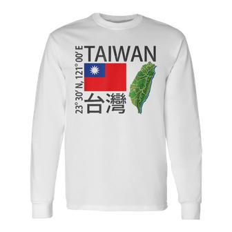 Taiwan Flag And Map Latitude Longitude Coordinates Long Sleeve T-Shirt | Mazezy CA