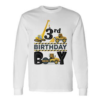 Three Year Old Party 3Rd Birthday Boy Construction Truck Car Long Sleeve T-Shirt | Mazezy