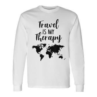 Travel Is My Therapy World Map Traveling Vacation Beach Traveling Long Sleeve T-Shirt T-Shirt | Mazezy