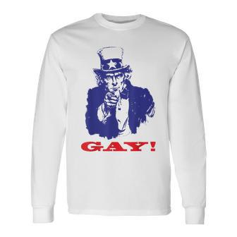Uncle Sam Griddy Say Gay Lgbt Gay Ally Pride Month Long Sleeve T-Shirt - Monsterry AU