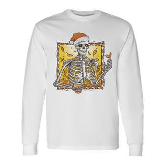 Vintage Halloween Skeleton Pumpkin Spice Latte Syrup Autumn Long Sleeve T-Shirt - Thegiftio UK