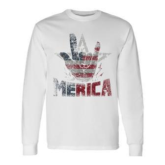 Vintage Merica Rock Sign 4Th Of July Usa Flag Patriotic Long Sleeve T-Shirt T-Shirt | Mazezy AU