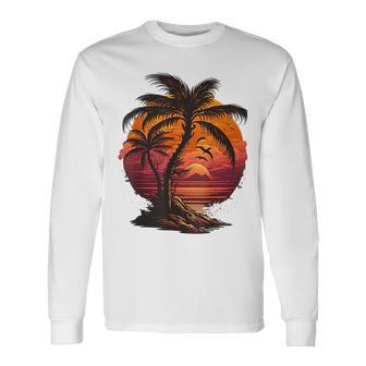 Vintage Retro Palm Trees Beach Sunset Tropical Summer 70 80S 80S Vintage Long Sleeve T-Shirt T-Shirt | Mazezy