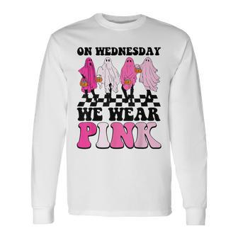 On Wednesday We Wear Pink Ghost Halloween Breast Cancer Long Sleeve - Seseable
