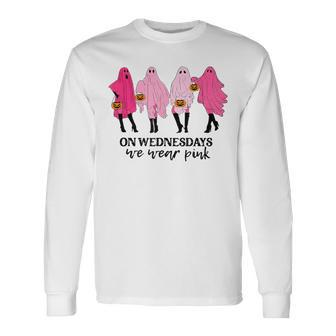 On Wednesday We Wear Pink Ghost Halloween Long Sleeve T-Shirt | Mazezy