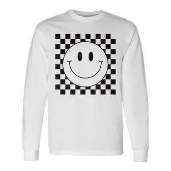 Yellow Smile Face Cute Checkered Pattern Smiling Happy Long Sleeve T-Shirt | Mazezy
