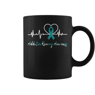 Addiction Recovery Awareness Heartbeat Teal Ribbon Support Coffee Mug - Monsterry DE