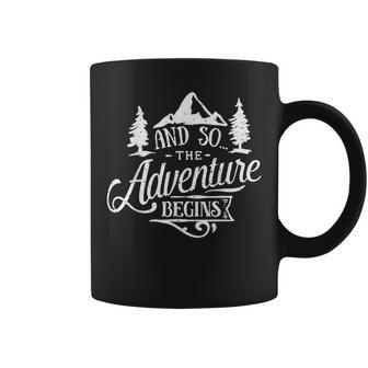 The Adventure Begins Mountains Forest Wilderness Hiking Coffee Mug | Mazezy