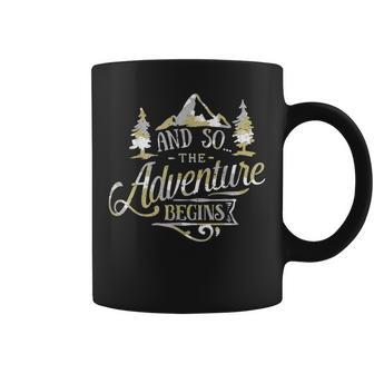The Adventure Begins Vintage Look Camo T Coffee Mug | Mazezy