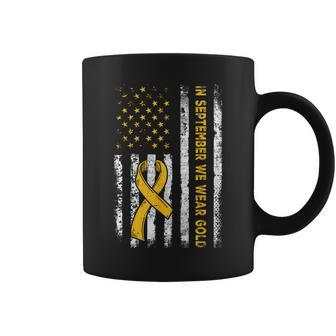 American Flag In September We Wear Gold Childhood Cancer Coffee Mug | Mazezy