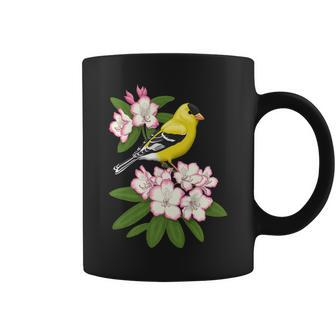American Goldfinch Bird & Pink Coastal Rhododendron Flowers Coffee Mug | Mazezy