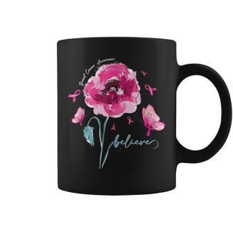 Believe Butterfly Flower Pink Ribbon Breast Cancer Awareness Coffee Mug - Seseable