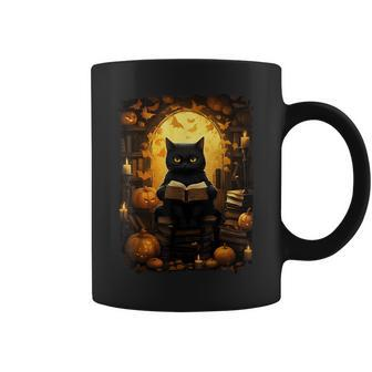 Black Cat Reading Books Pumpkin Autumn Teachers Halloween Coffee Mug - Monsterry UK