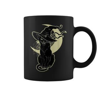 Black Cat Witch HalloweenVintage Costume Witch Hat Moon Coffee Mug - Seseable