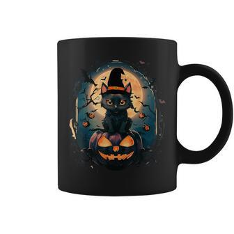 Black Cat With Witch Hat Candle And Scary Pumpkin Halloween Coffee Mug - Seseable