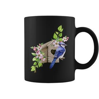 Blue Jay Bird Birdhouse And Pink Blossoms Bird Watching Coffee Mug | Mazezy