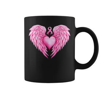 Breast Cancer Awareness Warrior Pink Ribbon Heart Wings Coffee Mug - Seseable