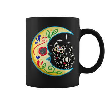 Cat & Moon Sugar Skull Dia De Los Muertos Day Of The Dead Coffee Mug - Seseable