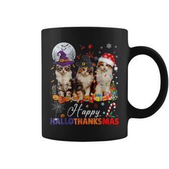 Cat Halloween Christmas Happy Hallothanksmas Thanksgiving Coffee Mug | Mazezy