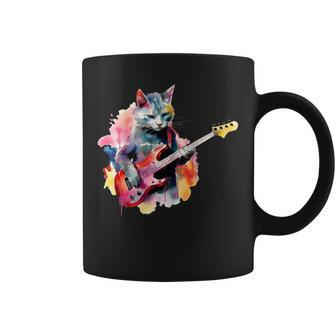 Cat Playing Bass Guitar Watercolor Graphic Design Coffee Mug - Seseable