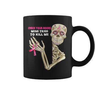Check Your Boobs Skeleton Hand Breast Cancer Awareness Pink Coffee Mug | Mazezy