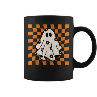 Checkered Daisy Ghost Retro Floral Ghost Halloween Costume Coffee Mug - Seseable