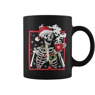 Christmas Skeleton With Smiling Skull Drinking Coffee Latte Coffee Mug | Mazezy