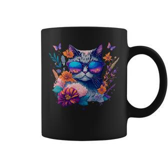 Cute Cat With Sunglasses Flowers & Butterflies Design Coffee Mug | Mazezy