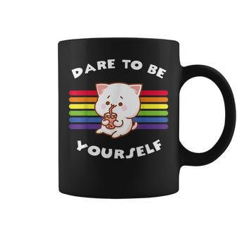 Dare To Be Yourself Gay Pride Vintage Rainbow Lgbt Cat Coffee Mug | Mazezy