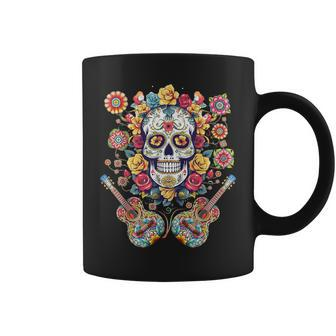 Day Of The Dead Flower Guitar Skull Dia De Los Muertos Coffee Mug - Monsterry