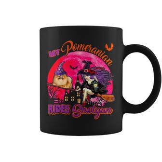 Dog Pomeranian My Pomeranian Rides Shotgun Halloween Dog Witch Broomstick Coffee Mug - Monsterry CA