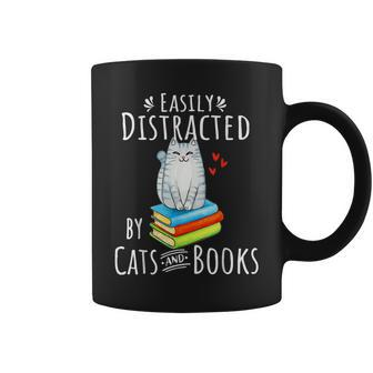 Easily Distracted By Cats And Books - Funny Cat & Book Lover Coffee Mug | Mazezy