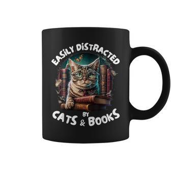 Easily Distracted By Cats And Books Librarians Bibliophiles Coffee Mug | Mazezy