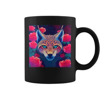 Eurasian Lynx Animal Roses Flower Pattern Graphic Coffee Mug | Mazezy