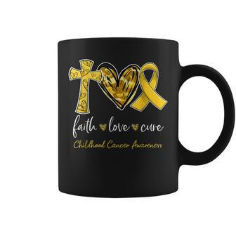 Faith Love Cure Gold Ribbon Childhood Cancer Awareness Coffee Mug | Mazezy