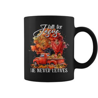 Fall For Jesus He Never Leaves Autumn Christian Cross Faith Coffee Mug | Mazezy