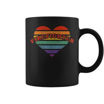 Firefighter Retro Rainbow Heart 80S Whimsy Lgbtq Pride Coffee Mug | Mazezy