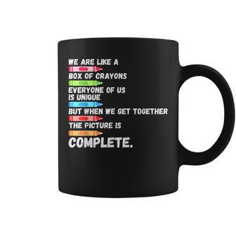 First Day Back To School We Are Like Box Of Crayons Teacher Coffee Mug | Mazezy