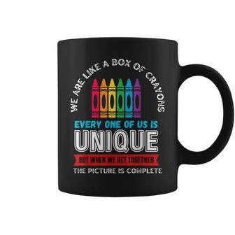 First Day Back To School We Are Like Box Of Crayons Teacher Coffee Mug - Seseable