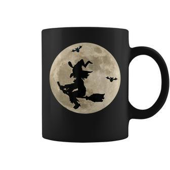 Full Moon Witch On Broomstick Bats Space Halloween Halloween Coffee Mug | Mazezy