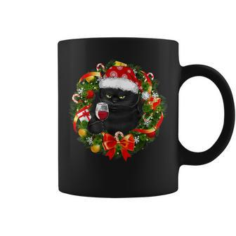 Black Cat And Wine Christmas Wreath Ornament Coffee Mug | Mazezy