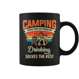 Funny Camping Solves Most Of My Problems Bear And Bourbon Camping Funny Gifts Coffee Mug | Mazezy