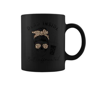 Messy Bun Skull Dead Inside But Caffeinated Leopard Coffee Mug - Monsterry