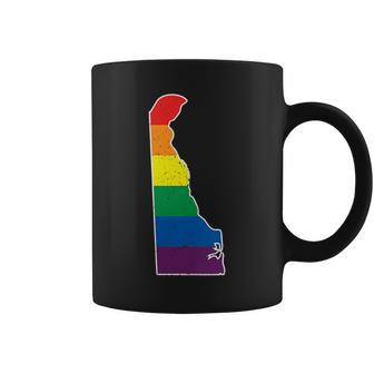 Gay Pride Flag - Delaware State Map - Rainbow Stripes Coffee Mug | Mazezy